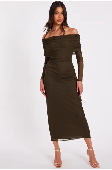 Khaki Mesh Bardot Ruched Midi Dress