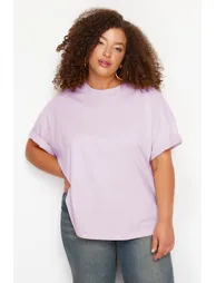Purple Collar Ribbed Wide Pattern Basic 100% Cotton Knitted T-shirt - 3
