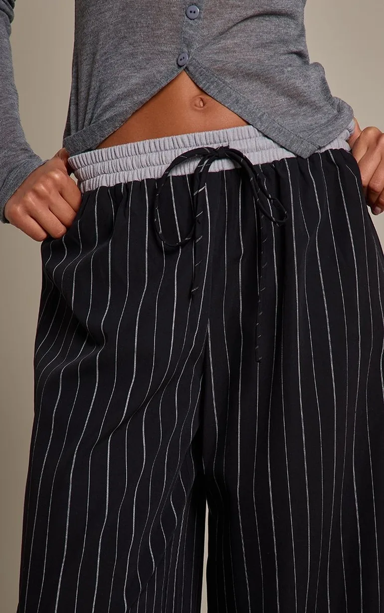 Black Double Waistband Pinstripe Drawstring Trousers - 3