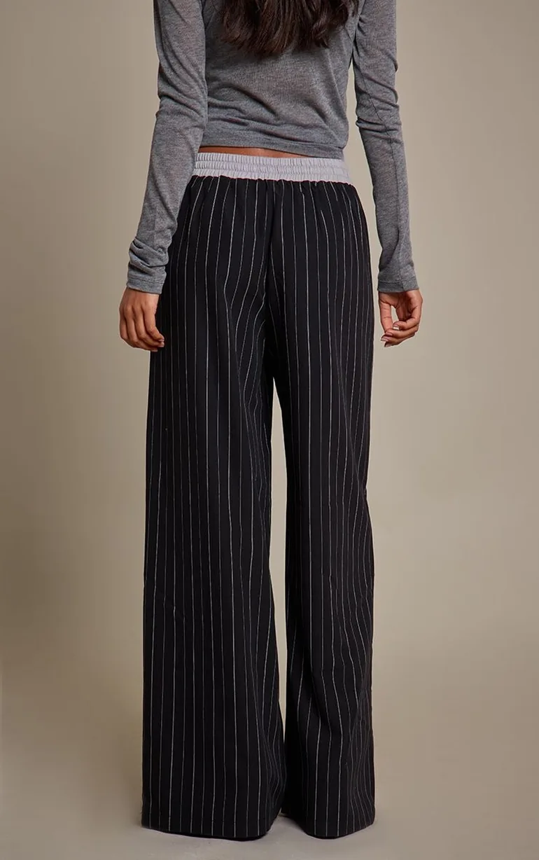 Black Double Waistband Pinstripe Drawstring Trousers - 2