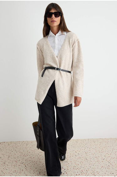 Beige Soft Textured Belt Detailed Knitwear Hijab Cardigan