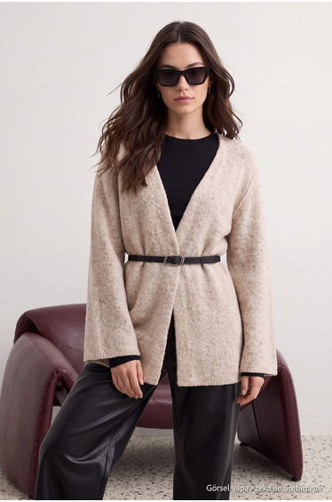 Beige Soft Textured Belt Detailed Knitwear Hijab Cardigan product thumbnail 3