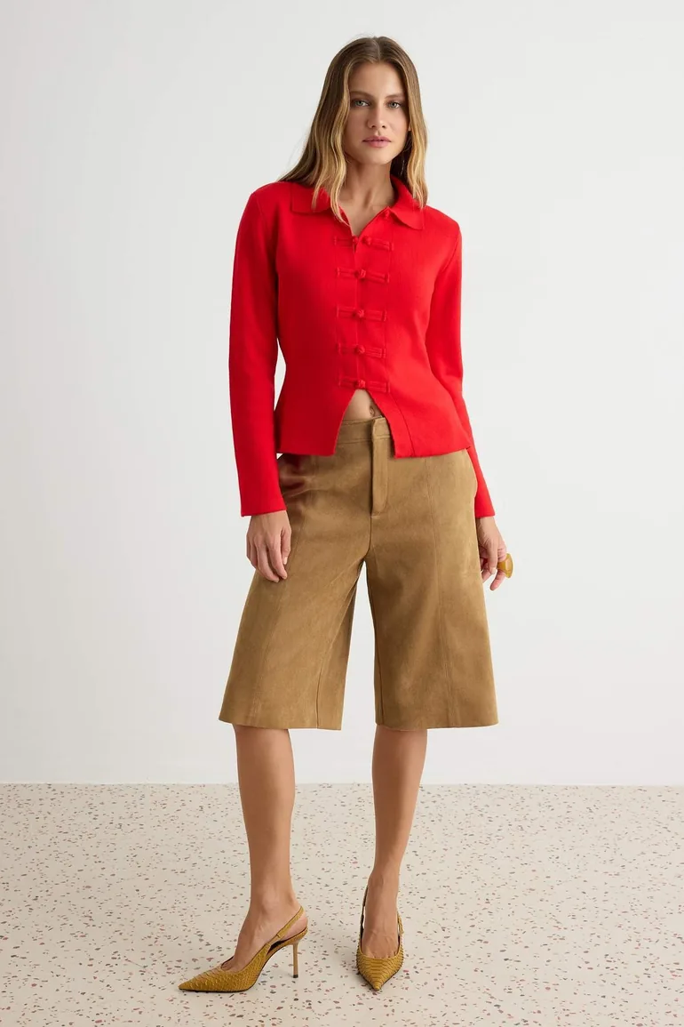 Red Polo Collar Mandarin Button Detailed Knitwear Cardigan