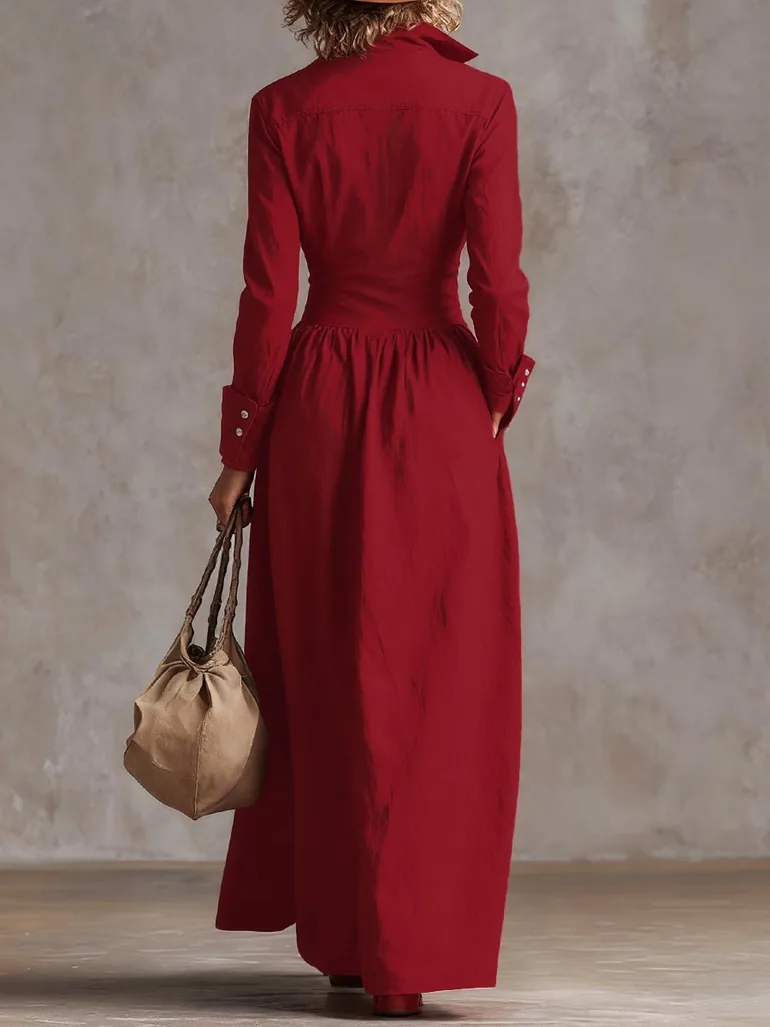 High Waisted Long Sleeves Buttoned Pleated Pockets Solid Color Split-Joint Lapel Maxi Dresses - 3
