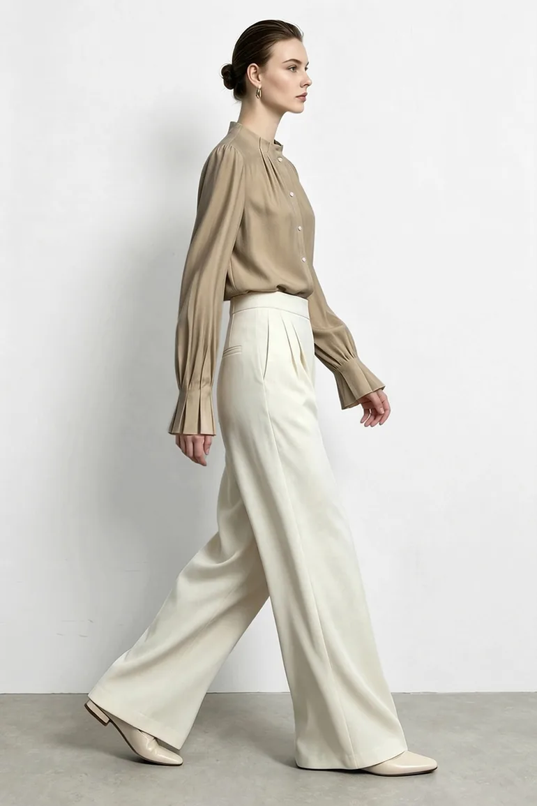 Pleated Stand Collar Lustrous Shirt - 2