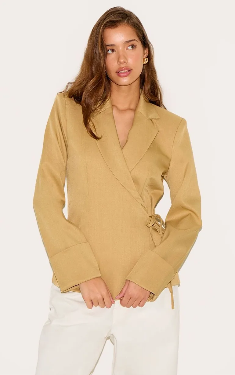 Taupe Super Boxy Tie Side Blazer - 5