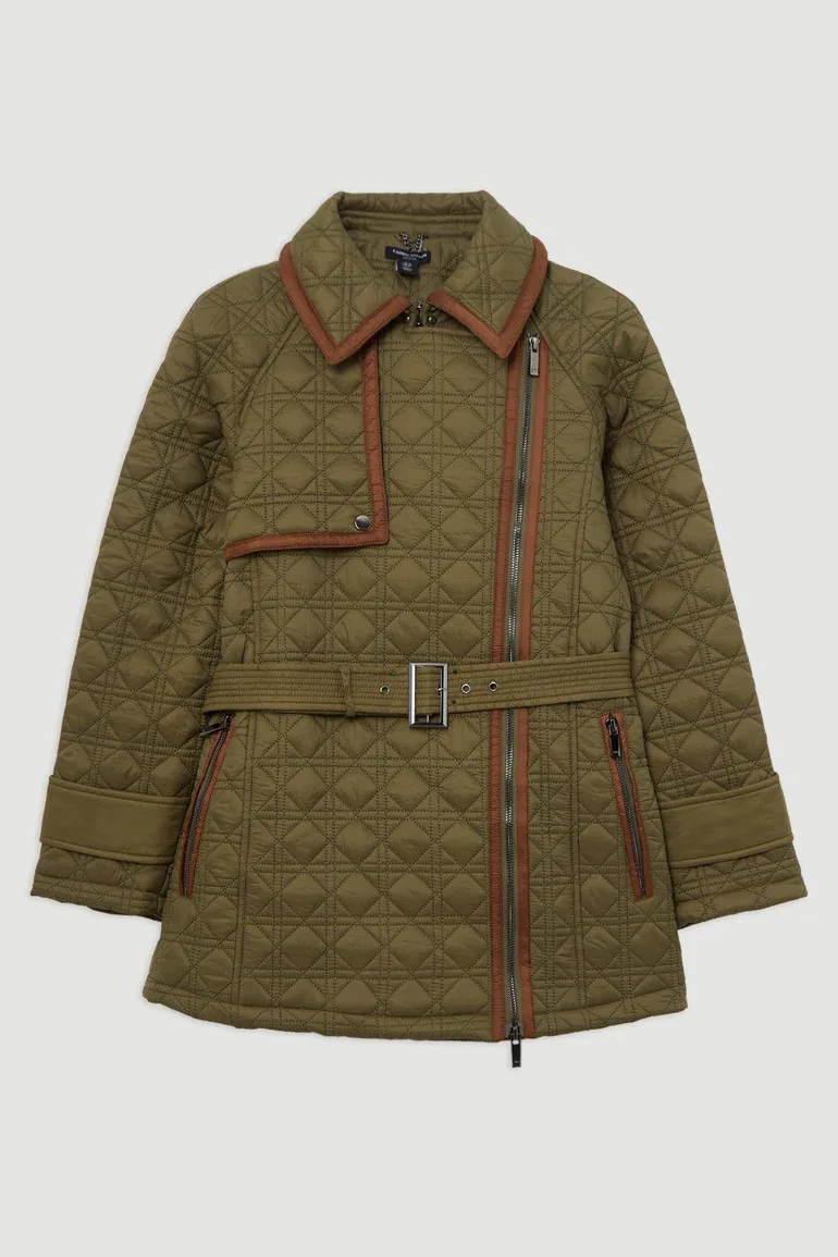 Petite Diamond Quilted Belted Short Puffer Pu Tab Trench Jacket - 3