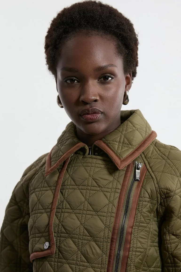 Petite Diamond Quilted Belted Short Puffer Pu Tab Trench Jacket - 1