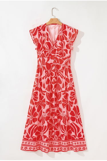 Lvness Red Boho Floral Short Sleeve V Neck Buttoned Shirred Waist Long Dress product thumbnail 3