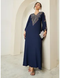 Navy Blue Embroidered A-Line Jalabiya