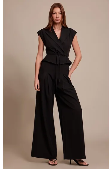 Black Tailored Woven Tie Waist Wide Leg Jumpsuit