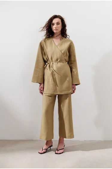 LINEN DOUBLE-BREASTED CLOSURE KIMONO