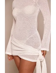 Petite Cream Knitted Tide Side Hem Drape Mini Dress - 3