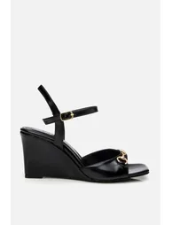 Women's Black Buckle Wedge Heeled Sandals - 1