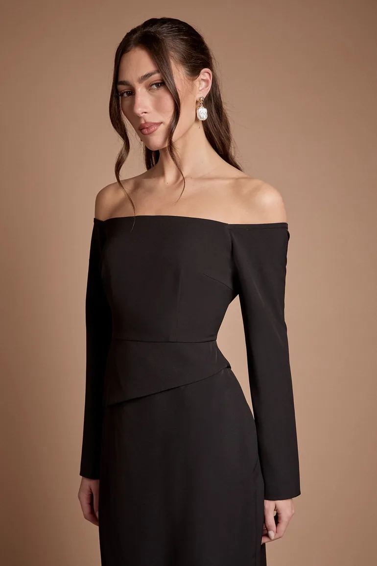 Crepe Bardot Long Sleeve Bridesmaid Maxi Dress - 1