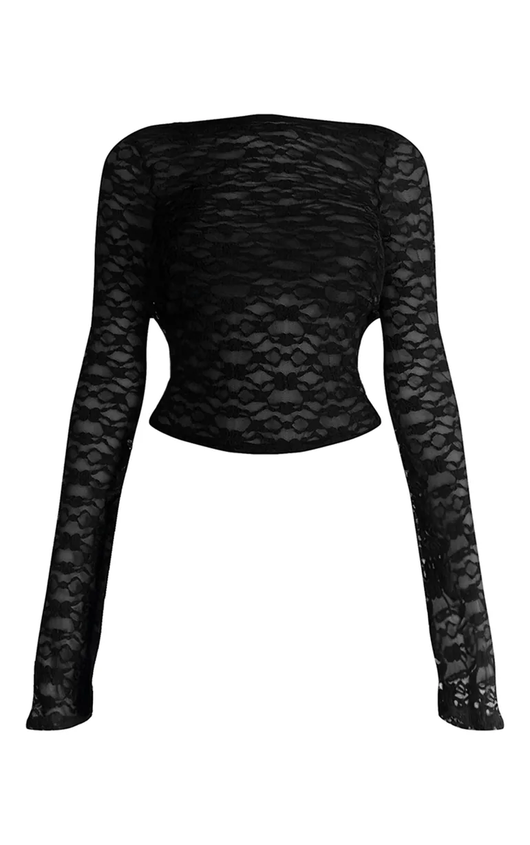 Black Textured Lace Cowl Back Flared Long Sleeve Top - 4