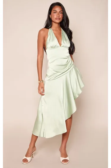 Sage Halterneck Pleat Detail Asymmetric Midaxi Dress