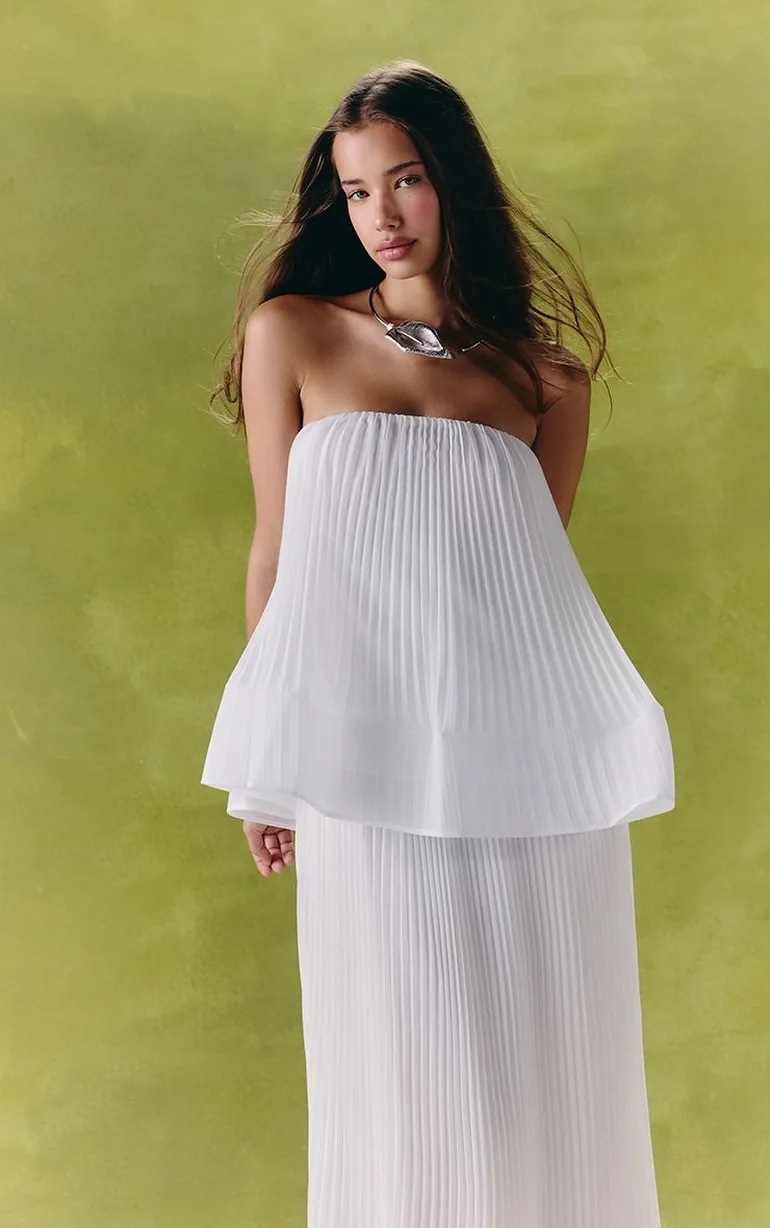 White Chiffon Plisse Maxi Skirt - 1