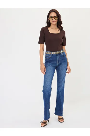 Brown Square Neck Short Sleeve Bodysuit