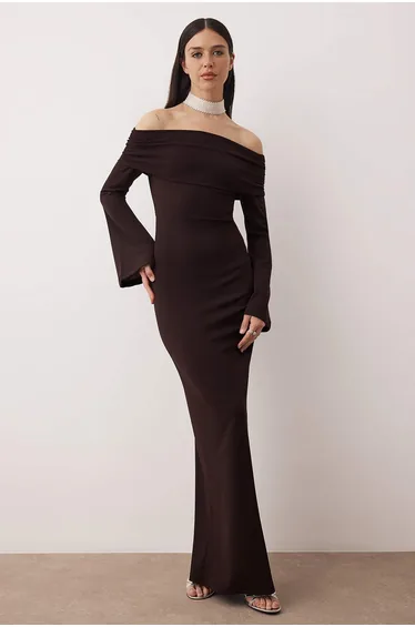 Brown plain bodycon knit scuba crepe maxi evening & prom dress