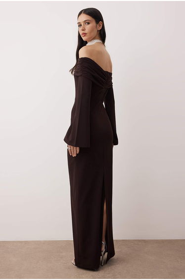 Brown plain bodycon knit scuba crepe maxi evening & prom dress product thumbnail 4