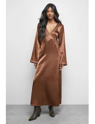 Embroidered Satin Plunge Neck Flare Sleeve Midi Dress