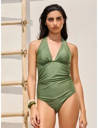 Green Halter Plunge Neck Swimsuit with Ruched Front - 2