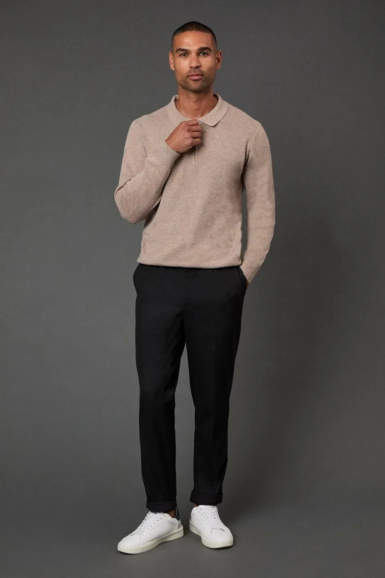 Taupe Knitted Long Sleeve Zip Neck Polo Shirt
