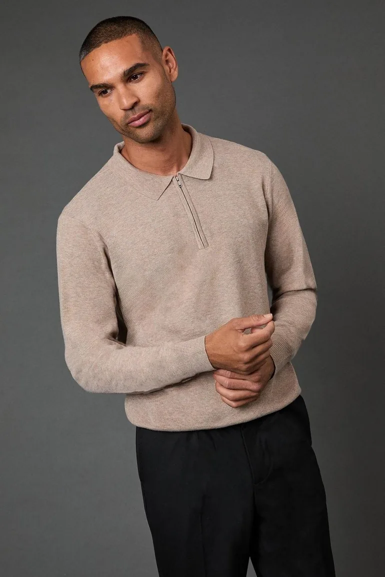 Taupe Knitted Long Sleeve Zip Neck Polo Shirt - 1