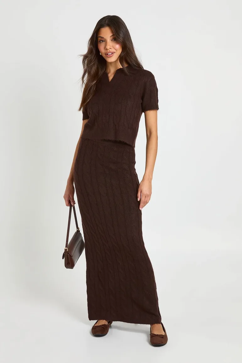 Cable Collared Knitted Top and Maxi Skirt Co-Ord - chocolate