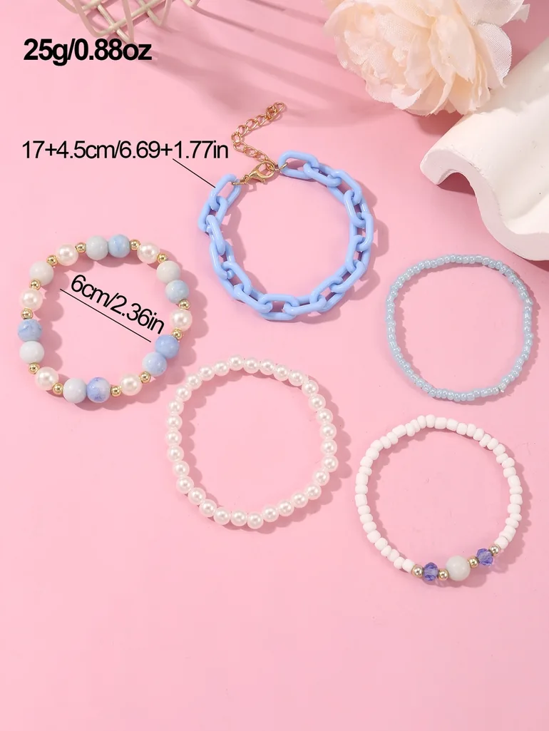 Pack of 5 - Girls Multi-Color Beaded and Chain Bracelets - 3