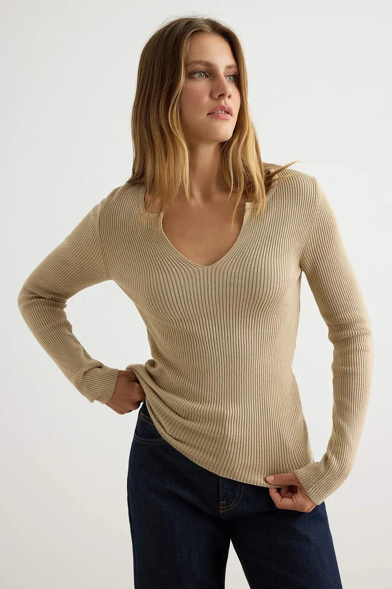 More Sustainable Beige Cowl Neck Basic Knit Sweater - 2