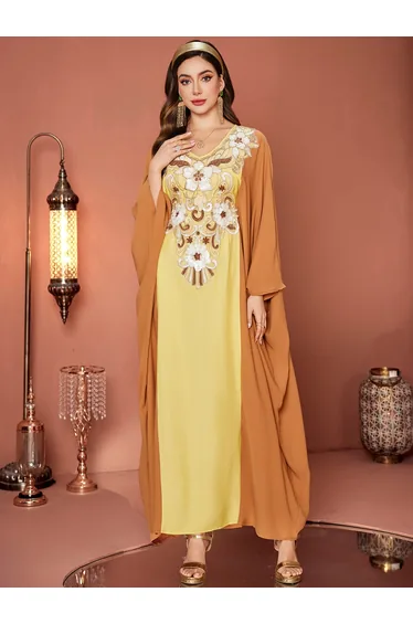 Women Yellow Embellished Flower Patch Detail Jalabiya