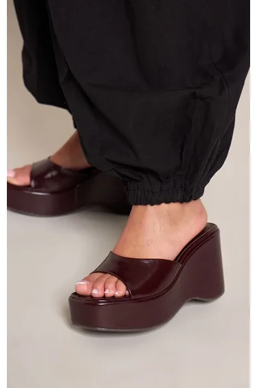 Burgundy Crinkle Patent Mule Wedges