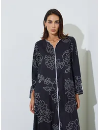 Black All Over Print Contrast Trim Maxi Jalabiya - 2