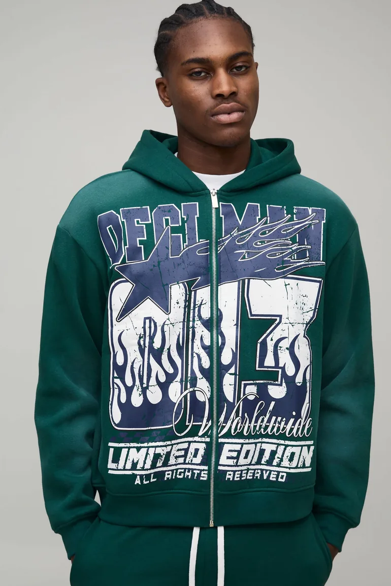Oversized Boxy OFCL MAN Spray Wash Zip Through Hoodie - forest