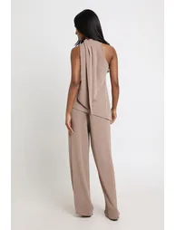 Wrap Scarf Detail Top and Wide Leg Trouser Co-ord - mushroom - 2