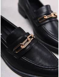 Black PU Gold Chain Detail Loafers - 2