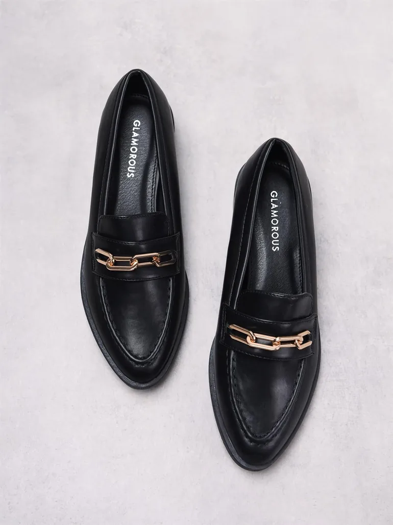 Black PU Gold Chain Detail Loafers - 1