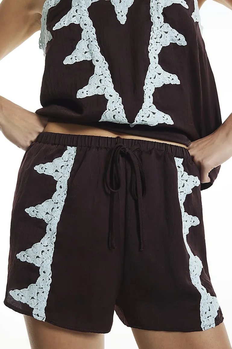 Brown Lace Trim Shorts Pyjama Set - 1