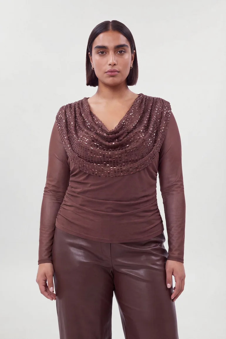 Plus Size Premium Crystal Embellished Jersey Cowl Detail Top - 2