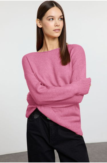 Pink Wool Boat Neck Basic Knitwear Sweater