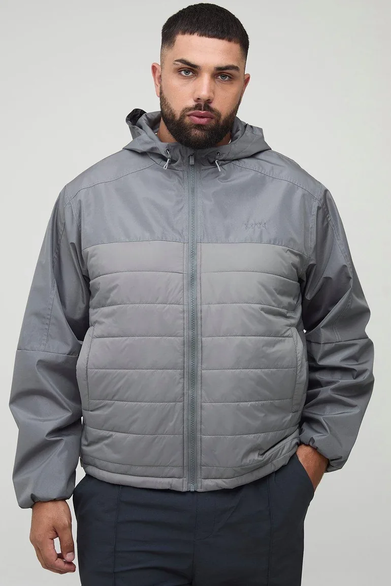 Plus Regular Fit Lightweight Quilted Hooded Jacket - grey