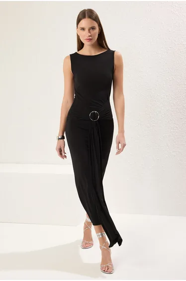 Black Plain Maxi Accessory Detail Flexible Knitting Dress