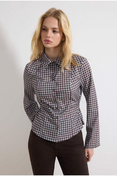 Blue-Multicolor Striped Waist Adjustable Lightweight Fitted Waist Wide Sleeves Shirt