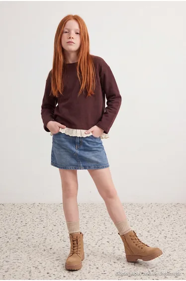 Brown Girls' Plain Knitted Sweatshirt