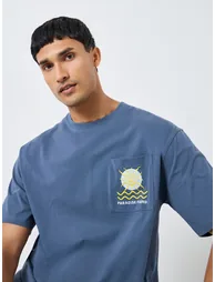 Men Blue Embroidered Oversized T-Shirt - 1