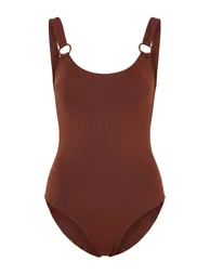 Brown U-Neck Covered Regular Basic Swimsuit with Accessories - 3