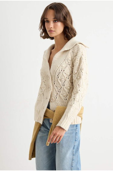 Stone Openwork/Hole Detailed Soft Textured Knitwear Cardigan
