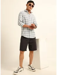 Men White Checked Spread Collar Shirt
